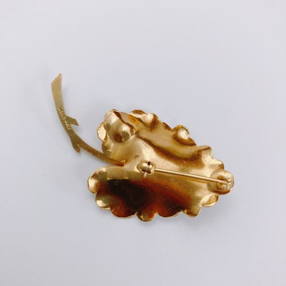 VTG Signed Wells 14K GF Brooch Ginkgo Leaf Pearl Mid Century Botanical Pin - Picture 10 of 10